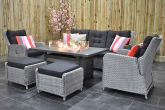 Madrid Verstelbare Loungeset 3 Zitsbank 2 Lounge Tuinstoelen Genua Vuurtafel 150 met Hockers Light Kobo Grey SHOWROOMMODEL