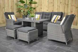 Madrid Verstelbare Loungeset 3 Zitsbank 2 Lounge Tuinstoelen Hoge Tafel 140 Spraystone met Hockers Kobo Grey 