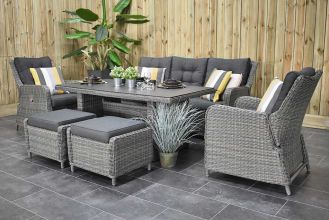 Madrid Verstelbare Loungeset 3 Zitsbank 2 Lounge Tuinstoelen Hoge Tafel 170 Spraystone met Hockers Kobo Grey LENTE AANBIEDING