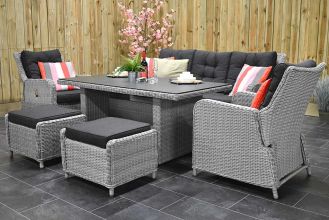 Madrid Verstelbare Loungeset 3 Zitsbank 2 Lounge Tuinstoelen Hoge Tafel 170 Spraystone met Hockers Light Kobo Grey LENTE AANBIEDING