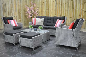 Madrid Verstelbare Loungeset 3 Zitsbank 2 Lounge Tuinstoelen Lage Tafel met Hockers Light Kobo Grey ZOMER AANBIEDING