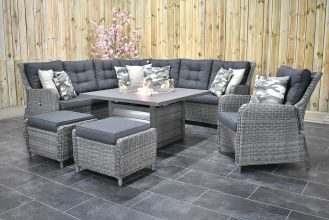Madrid Verstelbare Loungeset Hoekbank Genua 120 Vuurtafel met Loungestoel en Hockers Kobo Grey LENTE AANBIEDING