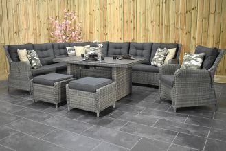 Madrid Verstelbare Loungeset Hoekbank XL Hoge Tafel 170 Spraystone met Loungestoel en Hockers Kobo Grey LENTE AANBIEDING