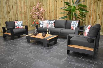 Megara Loungeset 3 Zitsbank 2 Lounge Tuinstoelen Lage Tafel Aluminium Teak Black WINTER AANBIEDING