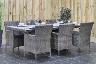 Menorca Tafel Polywood 225 met 6 Aruba Dining Tuinstoelen Natural Grey