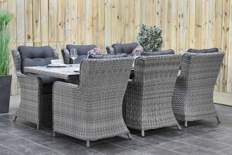 Menorca Tafel Polywood 225 met 6 Delano Dining Tuintoelen Natural Grey SHOWROOMMODEL