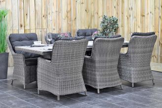 Menorca Tafel Polywood 225 met 6 San Francisco Dining Tuinstoelen Natural Grey