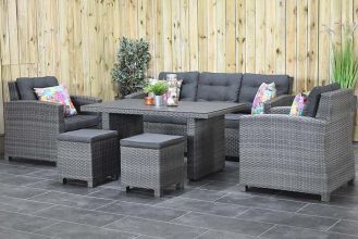 Minnesota Loungeset 3 Zitsbank 2 Lounge Tuinstoelen Hoge Tafel Spraystone met Krukjes Dark Grey LENTE AANBIEDING