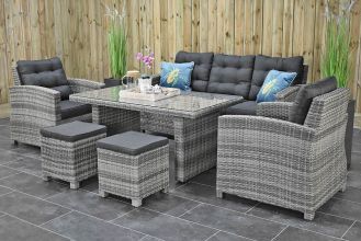 Minnesota Loungeset 3 Zitsbank 2 Lounge Tuinstoelen Hoge Tafel met Krukjes Light Grey LENTE AANBIEDING