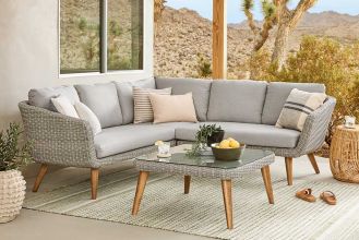 Mira Loungeset Hoekbank Lage Tafel Acacia Natural White Grey