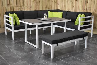 Nevada Loungeset Hoekbank met Ligbed Functie Hoge Tafel met Bankje Aluminium Spiegelbeeld White