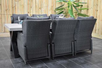 Norwich Tafel 250 Polystone Stalen Kruispoten met 6 Barcelona Verstelbare Dining Tuinstoelen Rock Grey WINTER AANBIEDING