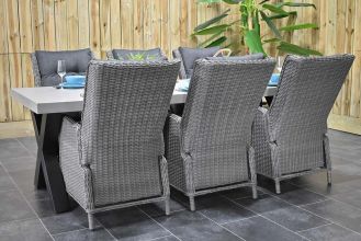 Norwich Tafel 250 Polystone Stalen Kruispoten met 6 Marling Verstelbare Dining Tuinstoelen Natural Grey WINTER AANBIEDING