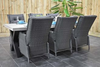 Norwich Tafel 250 Polystone Stalen Kruispoten met 6 Marling Verstelbare Dining Tuinstoelen Rock Grey WINTER AANBIEDING