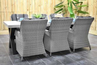Norwich Tafel 250 Polystone Stalen Kruispoten met 6 Avalon Dining Tuinstoelen Natural Grey WINTER AANBIEDING