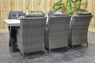 Norwich Tafel 250 Polystone Stalen Kruispoten met 6 Darwin Dining Tuinstoelen Kobo Grey WINTER AANBIEDING