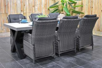 Norwich Tafel 250 Polystone Stalen Kruispoten met 6 Darwin Verstelbare Dining Tuinstoelen Kobo Grey WINTER AANBIEDING
