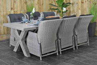 Norwich Tafel 250 Polystone Vintage Antique Grey met 6 Darwin Verstelbare Tuinstoelen Light Kobo Grey SHOWROOMMODEL