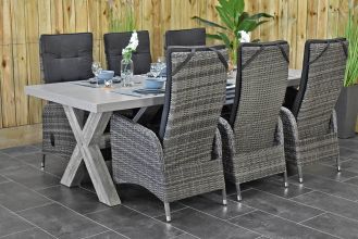 Norwich Tafel 250 Polystone Vintage Antique Grey met 6 Menorca Verstelbare Dining Tuinstoelen Two Tone Grey