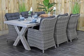 Norwich Tafel 220 Polystone Vintage Antique Grey met 6 San Francisco Dining Tuinstoelen Natural Grey