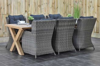 Norwich Tafel 250 Teak Natural met 6 Delano Dining Tuinstoelen Kobo Grey