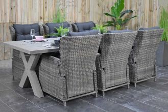 Norwich Tafel 250 Vintage Antique Grey met 6 Barcelona Verstelbare Dining Tuinstoelen Kobo Grey