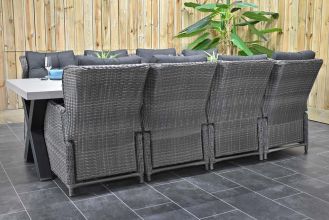 Norwich Tafel 300 Polystone Stalen Kruispoten met 8 Barcelona Verstelbare Dining Tuinstoelen Kobo Grey WINTER AANBIEDING