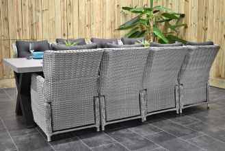 Norwich Tafel 300 Polystone Stalen Kruispoten met 8 Barcelona Verstelbare Dining Tuinstoelen Light Kobo Grey WINTER AANBIEDING