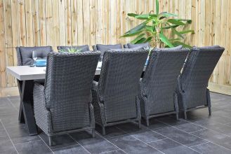 Norwich Tafel 300 Polystone Stalen Kruispoten met 8 Marling Verstelbare Dining Tuinstoelen Rock Grey WINTER AANBIEDING