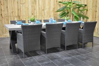 Norwich Tafel 300 Polystone Stalen Kruispoten met 8 Aruba Dining Tuinstoelen Rock Grey WINTER AANBIEDING