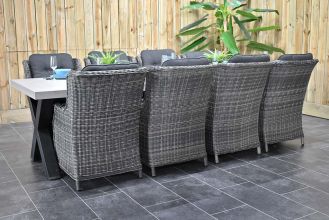 Norwich Tafel 300 Polystone Stalen Kruispoten met 8 Darwin Dining Tuinstoelen Kobo Grey WINTER AANBIEDING