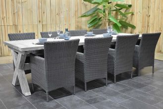 Norwich Tafel 300 Vintage Antique Grey met 8 Aruba Dining Tuinstoelen Rock Grey SHOWROOMMODEL