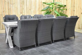 Norwich Tafel 300 Vintage Antique Grey met 8 Darwin Dining Tuinstoelen Rock Grey SHOWROOMMODEL