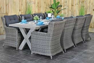 Norwich Tafel 300 Vintage Antique Grey met 8 Delano Dining Tuinstoelen Kobo Grey SHOWROOMMODEL