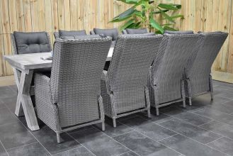 Norwich Tafel 300 Vintage Antique Grey met 8 Marling Verstelbare Dining Tuinstoelen Natural Grey SHOWROOMMODEL