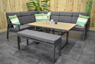 Oxford Aluminium Loungeset Hoekbank met Hoge Tafel Teak met Bankje Dark Grey SHOWROOMMODEL