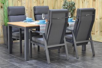 Oxford Tafel 180 Teak met 4 Birmingham Verstelbare Dining Tuinstoelen Dark Grey WINTER AANBIEDING