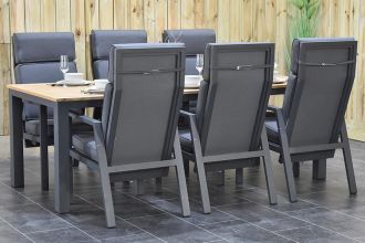 Oxford Tafel 220 Teak met 6 Birmingham Verstelbare Dining Tuinstoelen Dark Grey WINTER AANBIEDING
