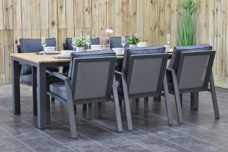 Oxford Aluminium Tafel 220 Teak met 6 Oxford Dining Tuinstoelen Dark Grey