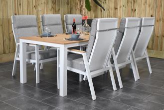 Oxford Tafel 220 Teak met 6 Oxford Verstelbare Dining Tuinstoelen Teak Arm White