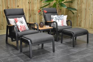 Parga Aluminium Rope Teak Loungeset 2 Lounge Tuinstoelen Laag Tafeltje met Hockers Black