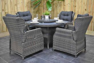 Rio Ronde Tafel 130 Spraystone met 4 Barcelona Verstelbare Dining Tuinstoelen Kobo Grey