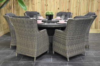 Rio Ronde Tafel 150 Spraystone met 6 Darwin Dining Tuinstoelen Kobo Grey