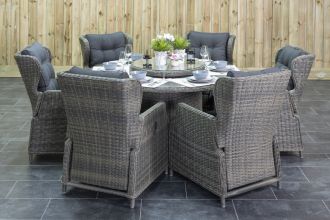 Rio Ronde Tafel 150 met 6 Barcelona Verstelbare Dining Tuinstoelen Kobo Grey SHOWROOMMODEL