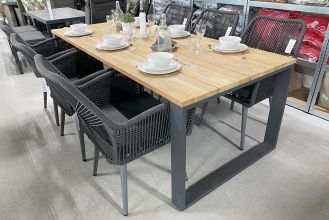Surabaya Tafel 220 Teak met 6 Pescara Rope Dining Tuinstoelen Antracite SHOWROOMMODEL