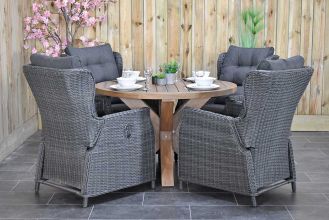 Surakarta Ronde Tafel 120 Teak Natural met 4 Barcelona Verstelbare Dining Tuinstoelen Rock Grey