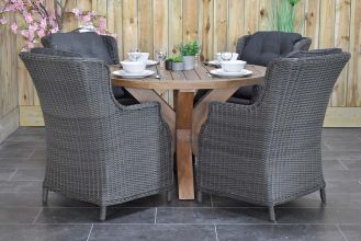 Surakarta Ronde Tafel 120 Teak Natural met 4 Darwin Dining Tuinstoelen Rock Grey