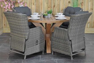 Surakarta Ronde Tafel 120 Teak Natural met 4 Darwin Verstelbare Dining Tuinstoelen Kobo Grey
