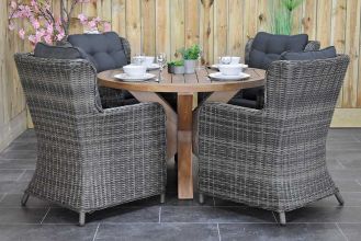 Surakarta Ronde Tafel 120 Teak Natural met 4 Delano Dining Tuinstoelen Kobo Grey