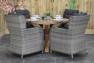 Surakarta Ronde Tafel 120 Teak Natural met 4 Delano Dining Tuinstoelen Natural Grey